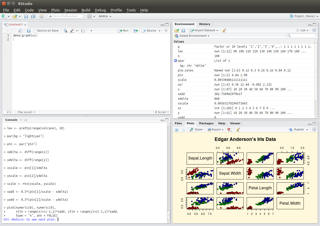 Example 1, the graphical user interface of the most popular integrated development environment for R, RStudio